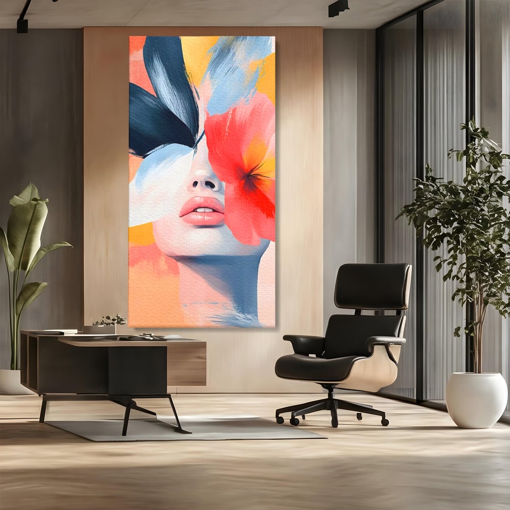 Tablou canvas cu tablou canvas cu fata de femeie si flori pictate, fara rama, pe sasiu de lemn, pe perete intr-un birou